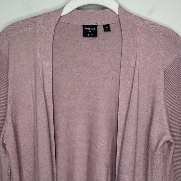 Devotion by Cyrus Open Cardigan Sweater Size M Ribbed Dusty Pink Front Pockets - Picture 2 of 8